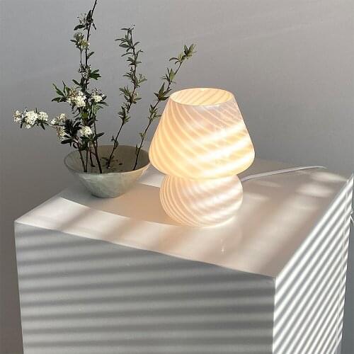 Glass Mushroom Table Lamp Korea Ins Nordic Vintage Muticolor Striped Bedside Lamp For Bedroom Study Living Room Home Decor