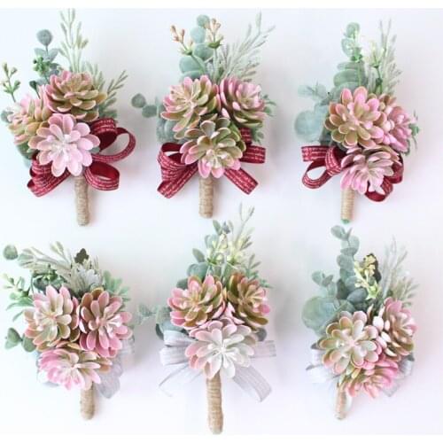 Wedding Men Boutonnieres and Wrist Corsage Lovely Succulent Plant Hand Flowers Brides Wrist Flower Blue Bridal Bouquet Accessory