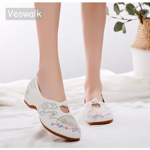 Veowalk Retro Style Women Soft Cotton Embroidered Ballet Flats Elegant Ladies Casual Canvas Walking Flat Shoes Low Top Ballerina