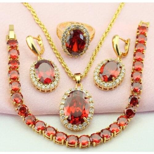 WPAITKYS Red Cubic Zirconia Gold Color Jewelry Sets For Women Wedding Decorations Earring Pendant Ring Bracelet Free Gift Box