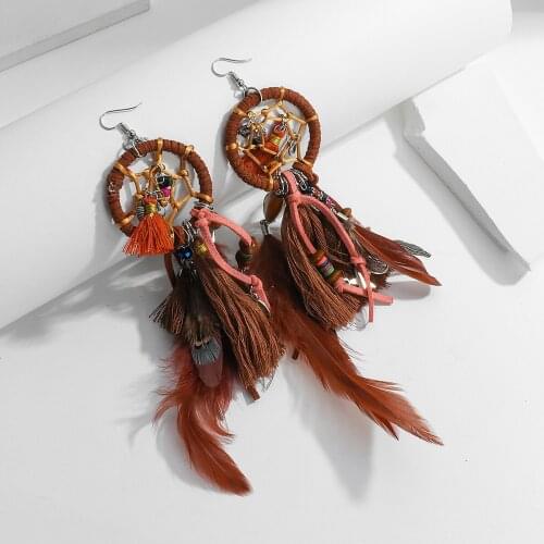 AENSOA Ethnic Tassel Feather Dreamcatcher Long Drop Earrings For Women Bohemia Retro Leaf Dangle Earring Charm Jewelry Gifts