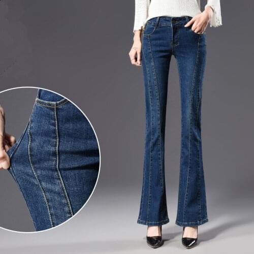 ACRMRAC Women jeans autumn blue Stitching jeans Mid waist Skinny jeans Slim Flare Pants Large size Jeans woman