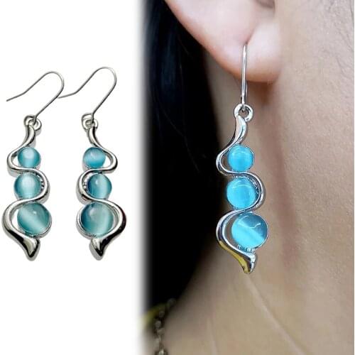Bohemia Hylan Cats Eye Gemstone Wave Earrings for Women Blue Opal Elegant Drop Dangle Earrings Pendant Jewelry Party Wedding