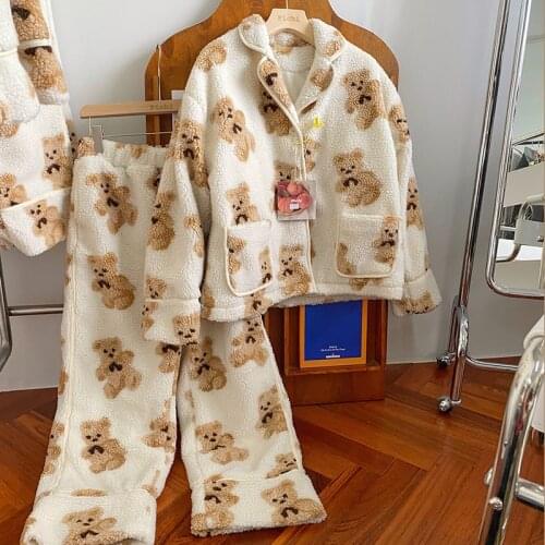 Woman Pajamas Set Winter New Japanese And Korean Style Pajamas Girl Bear Lambswool Plush Thick Pants + Warm Coat Two Piece Set