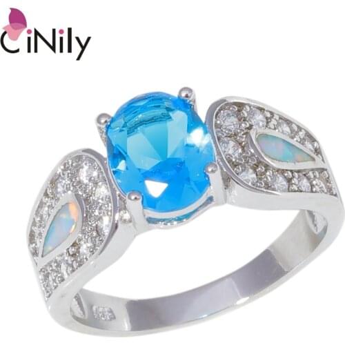 CiNily Created White Fire Opal Blue Stone Cubic Zirconia Silver Plated Wholesale Fashion Jewelry For Women Ring Size 6-10 OJ9411
