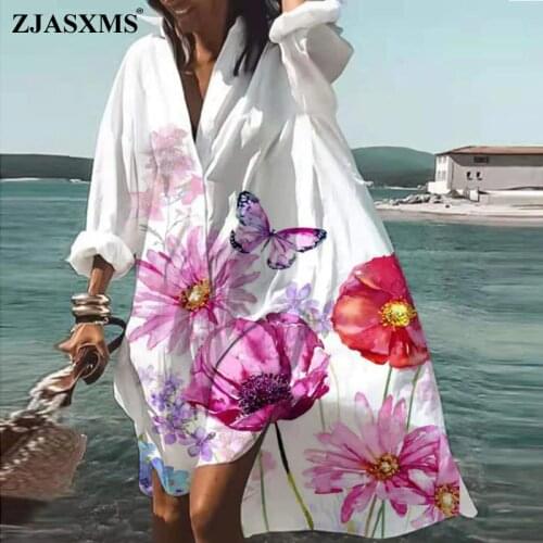 Spring Turn-down Collar Polo Shirt Dress Women Butterfly Flower Print Party Dress Autumn Long Sleeve Irregular Pullover Dresses