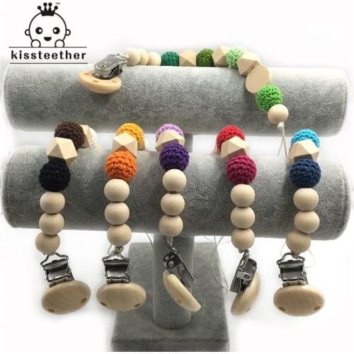 6pcs/lot Nursing Geometric Wooden Teether Crochet Beads Pacifier Clip Dummy Holder Natural Color Silk Cord Baby Teether Gift