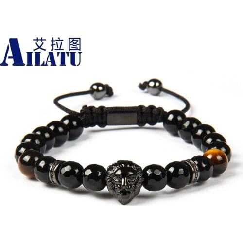 Ailatu Stainless Steel Animal Charm Lion Head Men Bracelet with Natural Faceted Black Onyx Stone Provide Logo Printing Service