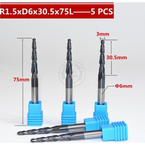 Free shipping-5PCS R1.5*D6*30.5*75L*2F HRC55 Tungsten solid carbide Coated Tapered Ball Nose End Mill taper and cone end mills