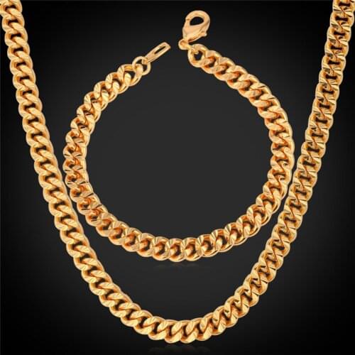 Cuban Link Chain Bracelet For Men Gold Color Trendy 7MM 55CM Vintage Choker Bracelet Necklace Men Jewelry Sets NH838