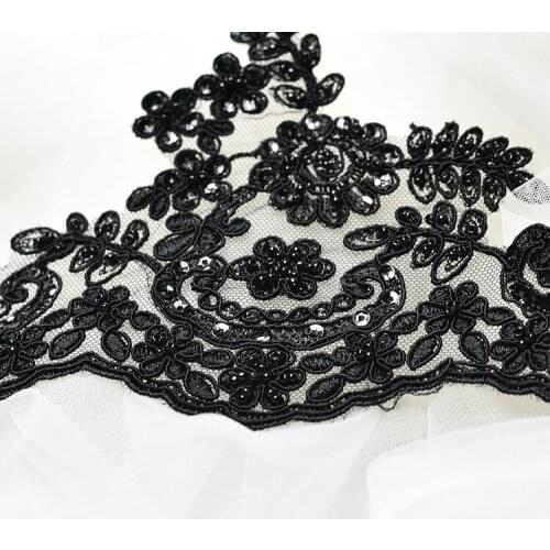 Black flower rhinestones beaded lace trim Elastic lace fabric trimming Diy Wedding Dress Accessories 13cm Width