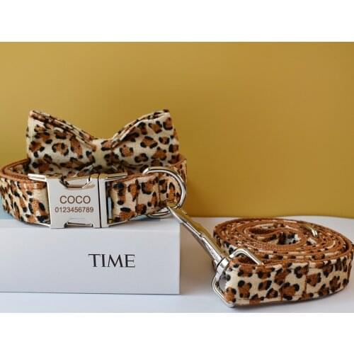 Leopard Print Bow Tie Dog Collar For Small Medium Large Dogs Custom Collars Engraved Nameplate Pet Supplies Necklace