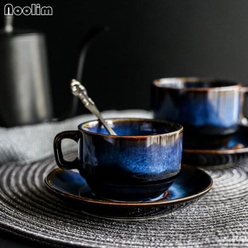 Ceramic Deep Blue Glaze Coffee Cup with Saucer Set Porcelain Breakfast Afternoon Teacup Antique Milk Mug Drinkware