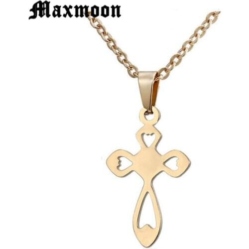 Maxmoon Classic Men Women Hollow Cross Pendant Necklace Stainless Steel Link Chain Necklace Statement Jewelry