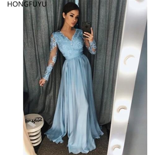 HONGFUYU Lace Long Sleeves Evening A-line Prom Dresses 2021 V Neck Maxi Formal Party Dress Side Slit sukienki na studniówkę