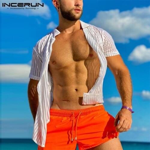 INCERUN Fashion Men Mesh Shirt Striped See Through Lapel Short Sleeve Casual Tops Streetwear Breathable Party Sexy Camisas 2021