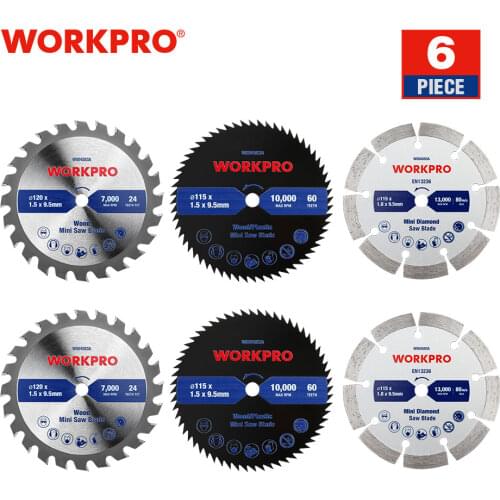 WORKPRO 6PC Mini Saw Blade Set TCT/65MN/DIAMOND Electric Circular Saw Blades for Plastic Masonry Concrete Wood Cutting