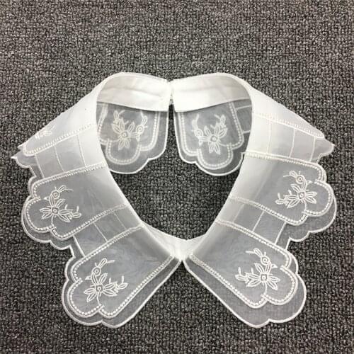 New womens chiffon shirt Lace flower Peter Pan pearl Black collar fashion Heart bead detachable Wavy organza fake collar