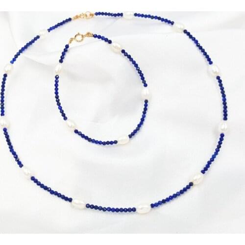 Natural Lapis Lazulis Freshwater Pearl 925 Sterling silver Necklace Bracelet Jewelry Set Party Gift