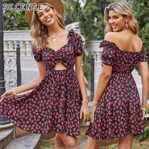 Hollow Out Floral Dress v Neck Puff Sleeves Above Knee Length Mini Dress a-Line Dress Summer Women Casual Female Clothing