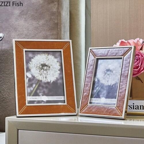 Simple Modern Brown Leather Metal Photo Frame Bookcase Desktop Decoration 6/7 Inch Wedding Family Photo Frame Home Decoration