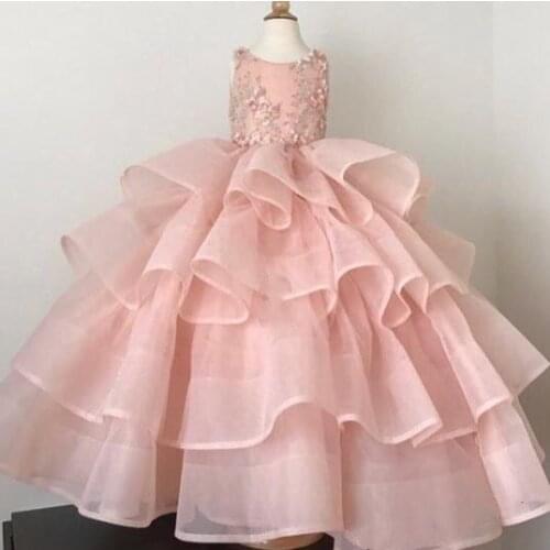 Pink Oraganza Tulle Girls Dresses Lace Pageant Gowns Girl First Communion Dress Birthday Party Gowns