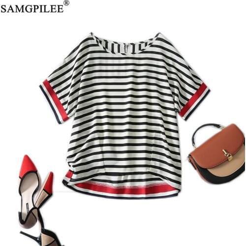 Plus Size Summer T Shirts Woman 2021 New Korean Style Classic Striped Stitching Chiffon O Neck Short-sleeved Women T-shirt 4XL