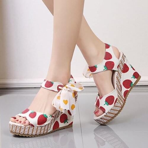 LYXLYH Fashion Print Chunky Platform Sandals Women Ankle Lace Up Wedges Sandalias Mujer Summer Open Toe Woman High Heels Shoes
