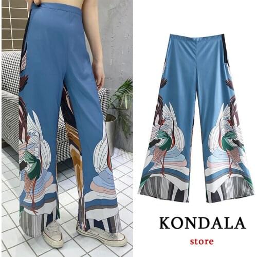 KONDALA Za Summer Wide Leg Pants Women Carton Print Vintage Loose High Waist Trousers Mujer Stain Fashion 2021 Long Pants Female