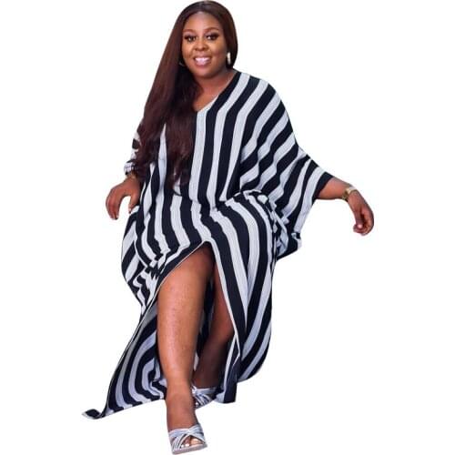Cutubly V Neck Maxi Dress Striped Print Womens Wear Long Sleeve Loose Waist Split Caftan Dresses Casual Fashion Autumn Vestidos