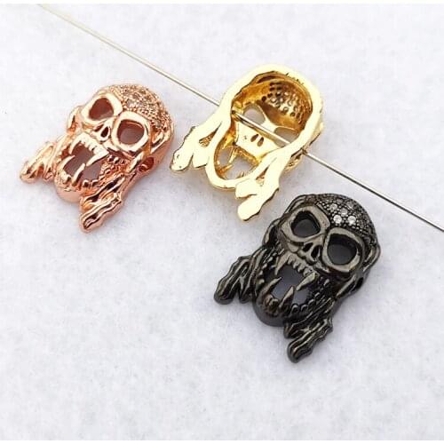 5 Pcs Copper Skull Head CZ Pave Charm Connector DIY Cool Punk Skeleton Beads Fit Bracelet Necklace Jewelry Finding CT475
