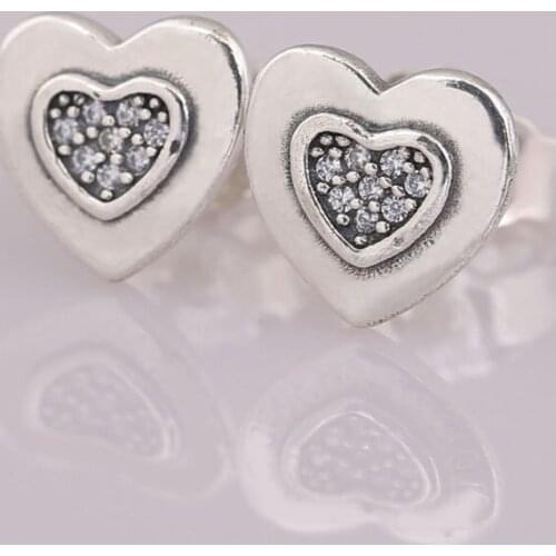 Authentic S925 Silver Pave Heart Stud Earrings For Women Wedding Party fit Lady Fine Jewelry