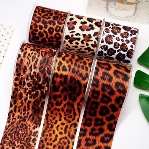 Free shipping 50 yard 3 inch 75 mm Leopard Printed Grosgrain Ribbon 37126