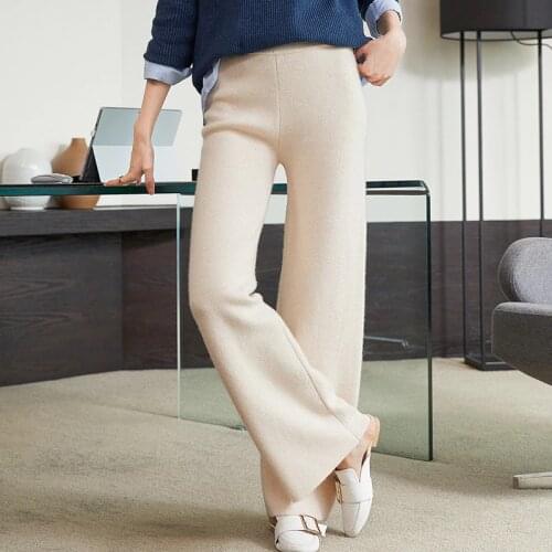 Women 100% Cashmere And Wool Pants 2020 New Autumn Winter Soft Waxy Comfortable High-Waist Knitted Female Thicken Wide Leg Pants