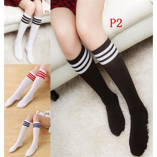 Cotton Ladies Knee High 3 Line Striped Cotton Socks Knee High Women Solid Socks School Party Cheerleader Supplies 4 Clour