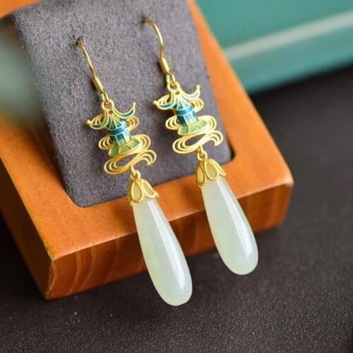 Original new ancient gold craftsmanship natural Hetian jade drop earrings Chinese style retro charm ladies brand silver jewelry