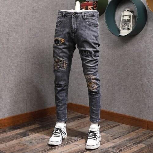 American Street Style Fashion Men Jeans Retro Gray Elastic Slim Fit Embroidery Designer Jeans Men Hip Hop Denim Pencil Pants
