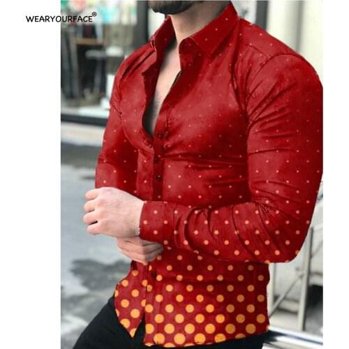 Red Points Geometry Pattern 3D All Over Printed Hawaiian Button Up Shirts Full Sleeve Streetwear Vocation Casual Men Clothing