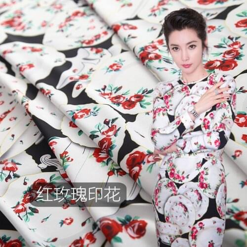 Hot sale new red rose printing fabric elastic polyester fabric 145cm wide cloth fabric fordress shirt pants factory direct sale