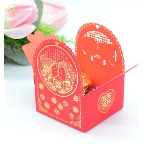 Laser cut embossed bride groom Chinese red wedding gift boxes