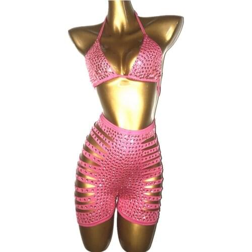 Summer Sparkly Pink Stones Sexy Bikini Set Costume Women Rhinestones Bra Short Outfit Prom Birthday Celebrate Dance Outfit