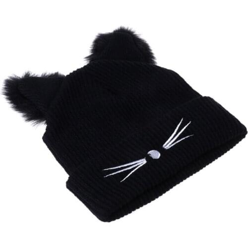Hot Sale Cat Ears Women Hat Knitted Acrylic Warm Winter Beanie Crochet Fur