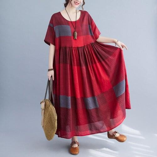 Fashion Plaid Dress 2021 New Arrival Short Sleeve Loose Summer Dress Cotton Plus Size Holiday Travel Casual Long Maxi Dress