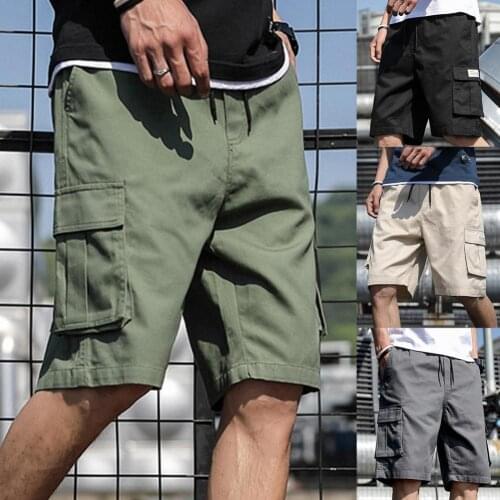 Men Solid Color Knee Length Wide Leg Multi Pockets Cargo Shorts Streetwear for Training