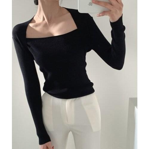 South Koreas New French Slimming Blouse, Womens Square Collar Exposed Collarbone Slim-fit Inner Knit Sweater KK794
