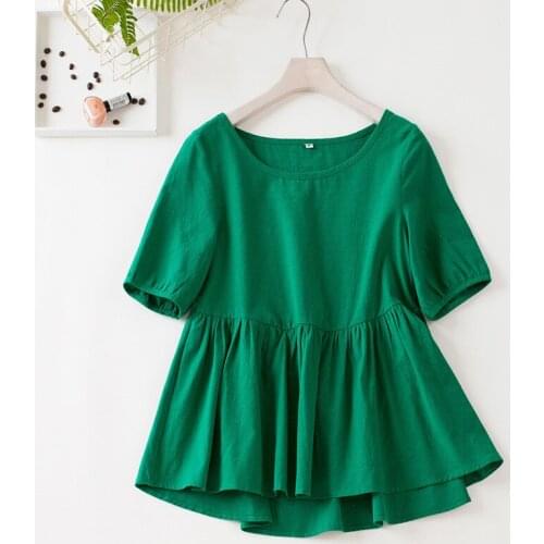 2020 New Summer Short Sleeve Shirts Casual Tigth Waist Slim Blouse Fashion Solid Plus Size 7XL/6XL Cotton Linen Office Ladies