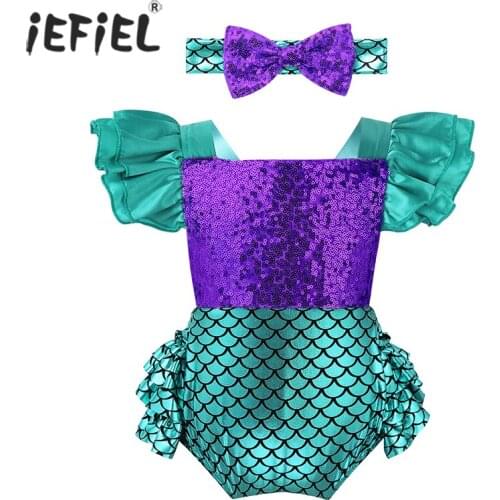 Infant Baby Girls Shiny Sequins Fish Scales Printed Ruffled Backless Romper Jumpsuit with Headband Sunsuit Clothes Outfits