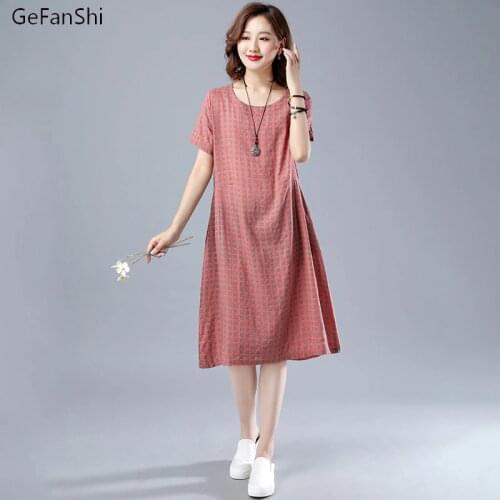 New Short Sleeve Dress Summer Print O-Neck Knee-Length Cotton Linen Fashion Casual Loose Elegant Women Dresses Vestidos