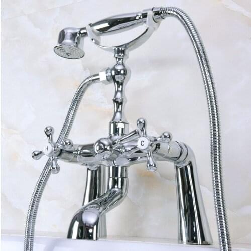 Polished Chrome Brass Deck Mount Bathroom Tub Faucet Dual Cross Handles Telephone Style Hand Shower Clawfoot Tub Filler ana124