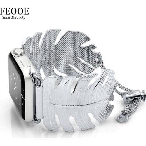 FEOOE Sliver Suitable for AppleWatch 1 2 3 4 Apple Watchband New Leaf Embossed Bracelet Custom Stainless Steel WatchBand LXY